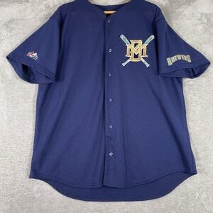 Majestic Baseball Jersey Mens XL Navy Blue Milwaukee Brewers Mesh Button Up 90s